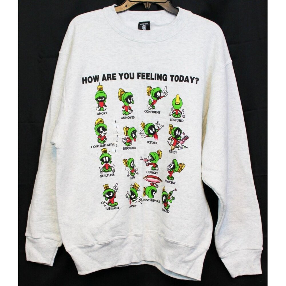 VTG 90s Warner Bros Store Marvin Martian Sweater sz L Grey How Are You Feeling